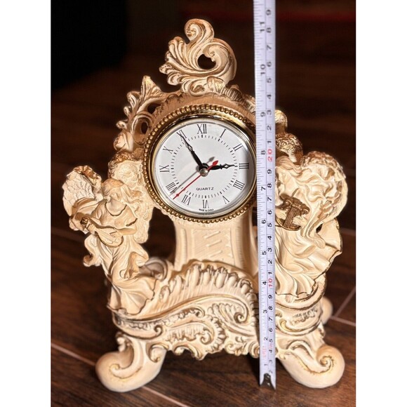 Vintage Double Angel Resin Desk Mantel Quartz Clock White/Gold Working - Picture 9 of 10
